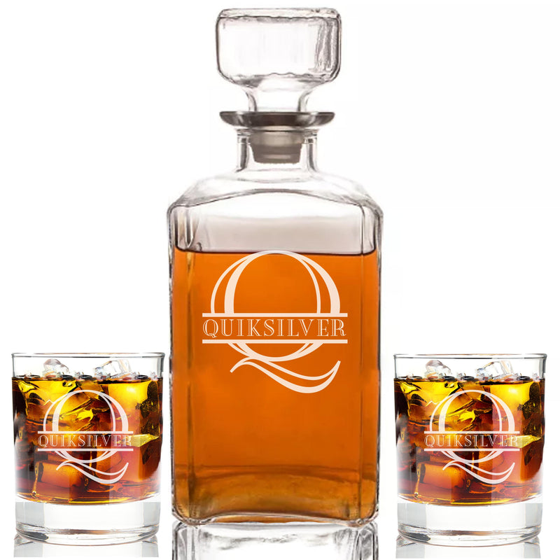 Personalized Whiskey Split Monogram Decanter & Rocks Glasses Engraved - cheapgroomsmengifts