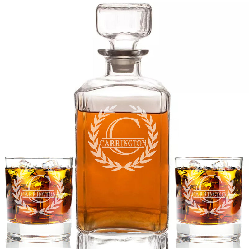Personalized Whiskey Monogram Split Wheat Decanter & Rocks Glasses Engraved - cheapgroomsmengifts