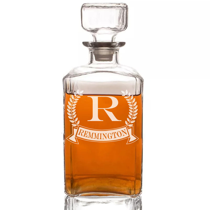 Personalized Whiskey Monogram Wheat Banner Decanter & Rocks Glasses Engraved - cheapgroomsmengifts