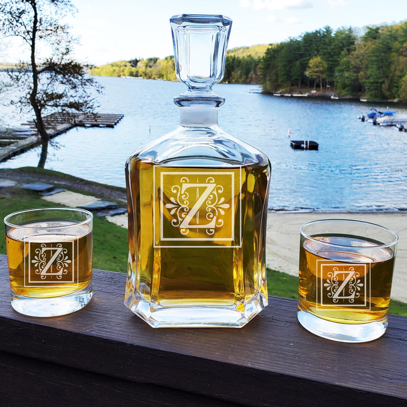 Personalized Whiskey Square Monogram Decanter & Rocks Glasses Engraved Anniversary Gift Man Cave Retirement Father&
