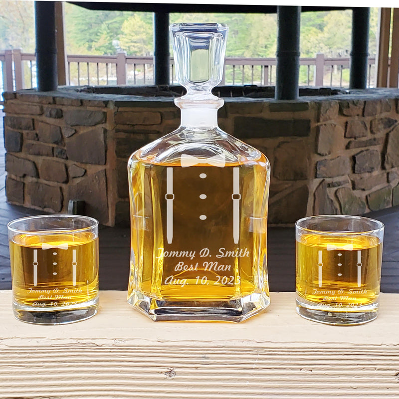Personalized Whiskey Suspenders Decanter & Rocks Glasses Set Perfect Father of The Bride Wedding Gift Best Groomsmen Groom Decanter Gift Set