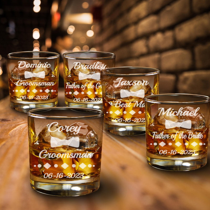 Personalized Etched Set of 5 Groomsmen Gift Bow Tie Whiskey Glass Groomsmen Proposal Gifts Best Man Rocks glasses Bachelor Party Gifts