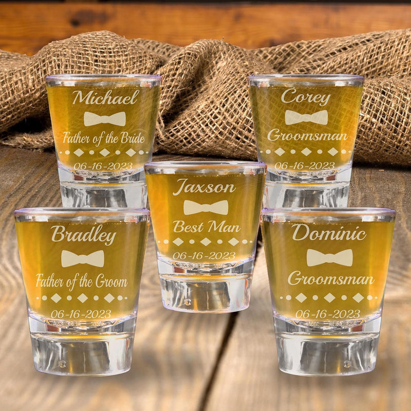 Set of 5 Personalized Tuxedo Bowtie Shot Glasses Groomsmen Proposal Gifts Groom Custom Wedding Engraved Shot Glasses Bachelor Party Gifts