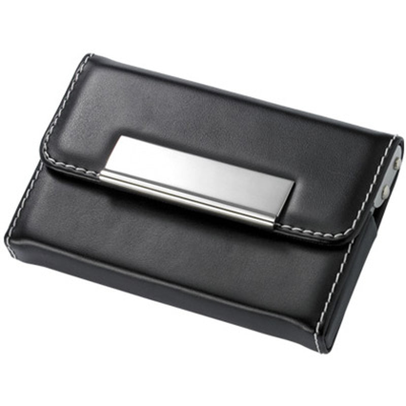 Black Genuine Leather Business Card Case w- White Stitching - cheapgroomsmengifts