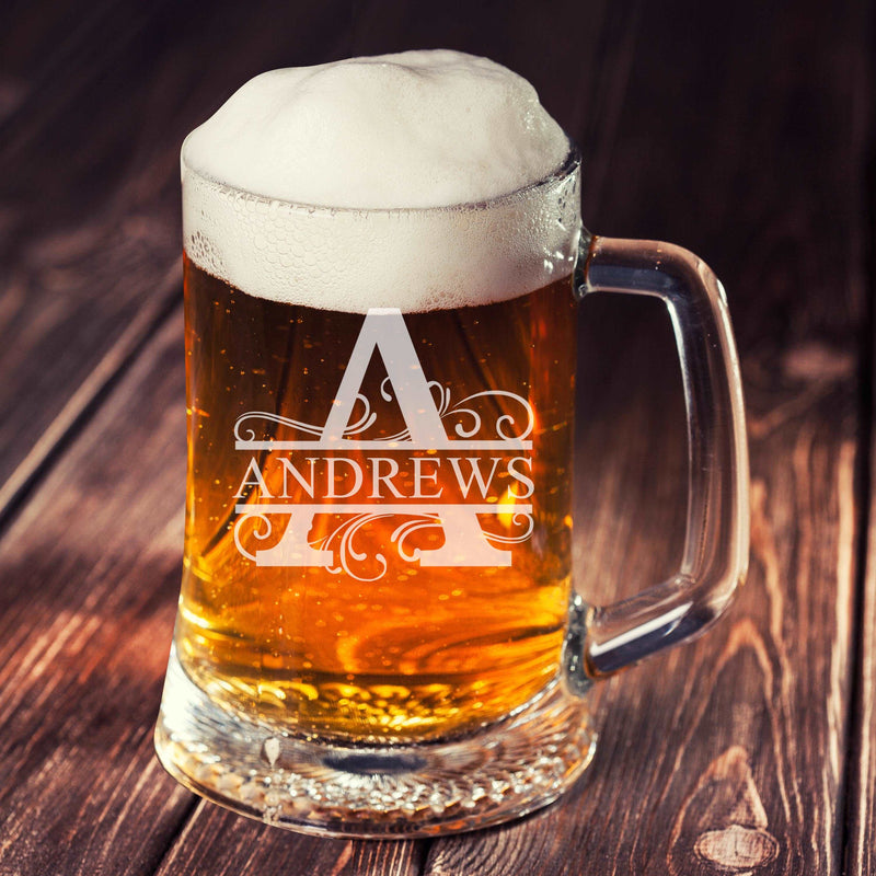 Personalized Etched Split Roman Monogram 25oz Beer mug Unique Groomsmen Gift