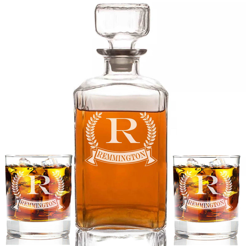 Personalized Whiskey Monogram Wheat Banner Decanter & Rocks Glasses Engraved - cheapgroomsmengifts