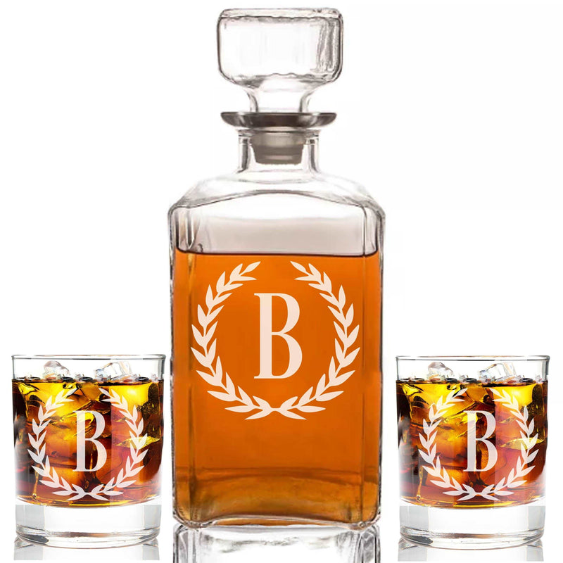 Engraved Whiskey Monogram Wheat design Decanter & Rocks Glasses - cheapgroomsmengifts