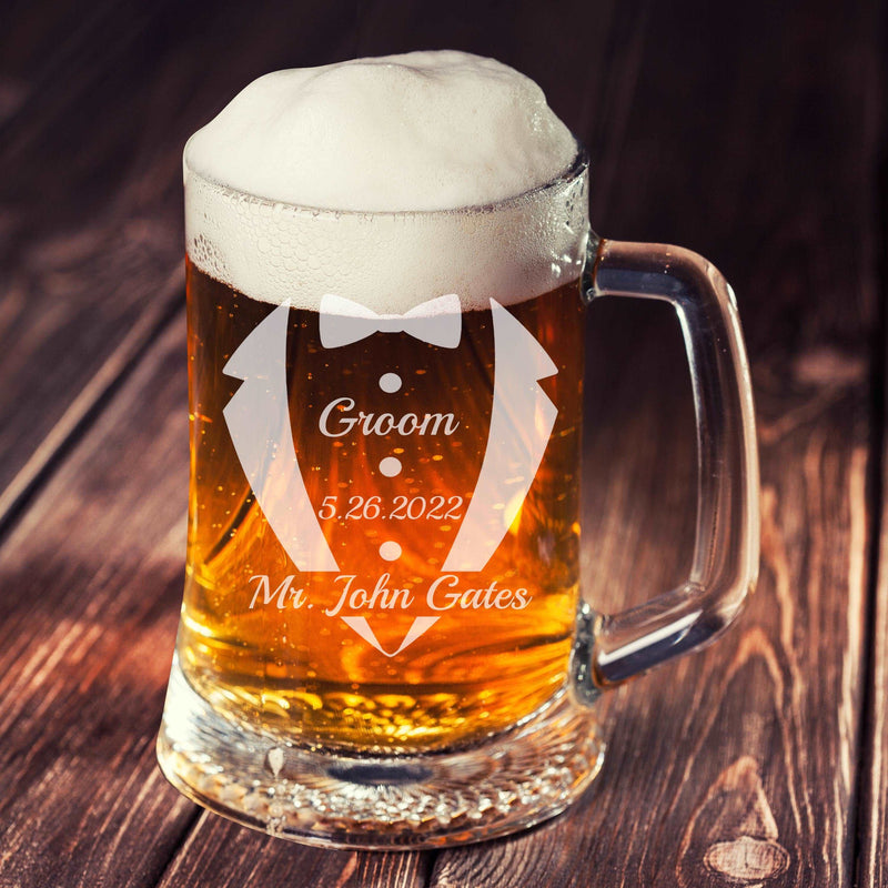 Personalized Etched Tuxedo Monogram Beer mug - cheapgroomsmengifts