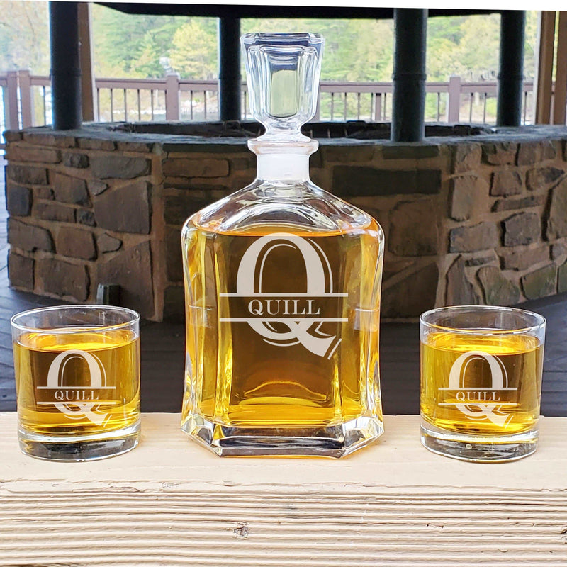 Personalized Whiskey Split Monogram Decanter & Rocks Glasses Engraved Anniversary Gift Man Cave Retirement Father&