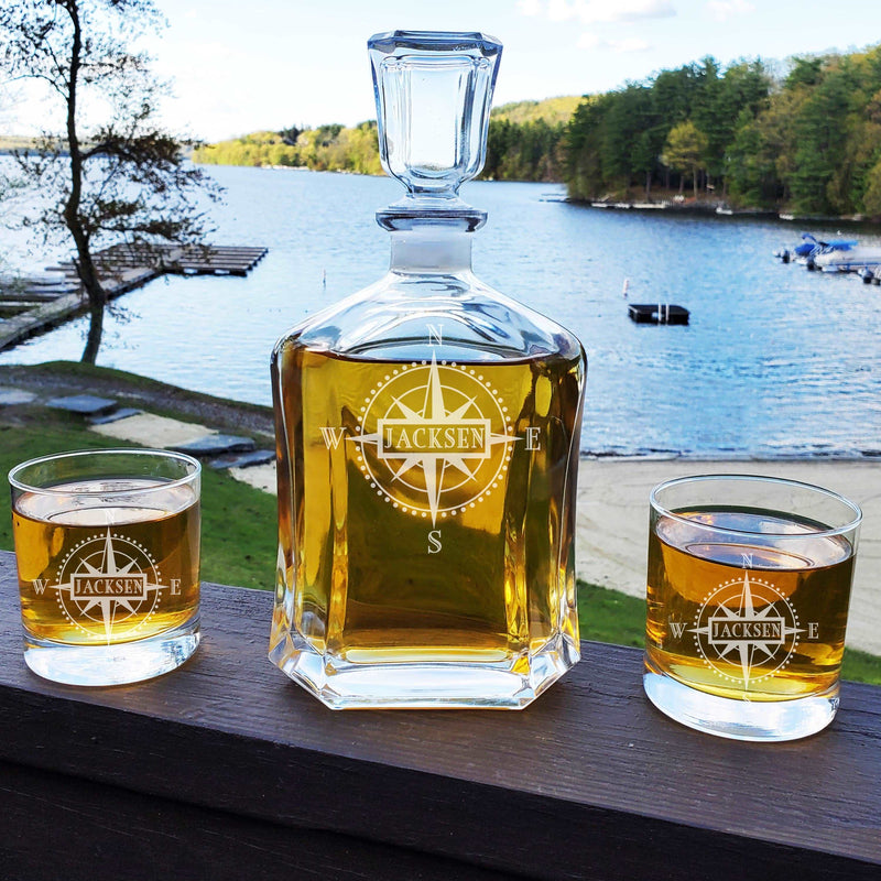 Personalized Monogram Compass Decanter & Rocks Whiskey Glasses Engraved Anniversary Nautical Gift Man Cave Retirement Father&