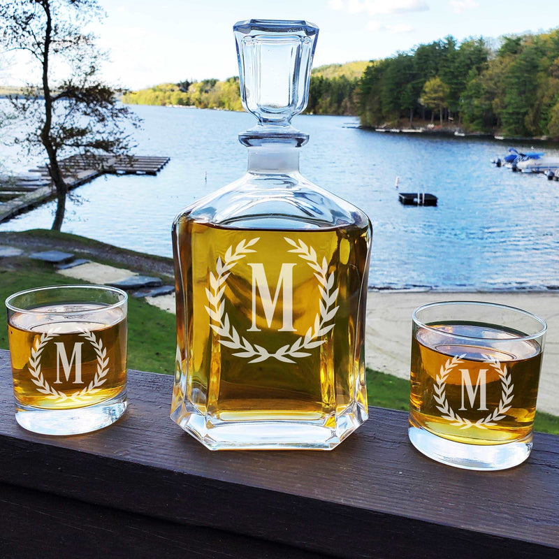 Personalized Whiskey Roman Monogram Decanter & Rocks Glasses Engraved Anniversary Gift Man Cave Retirement Father&