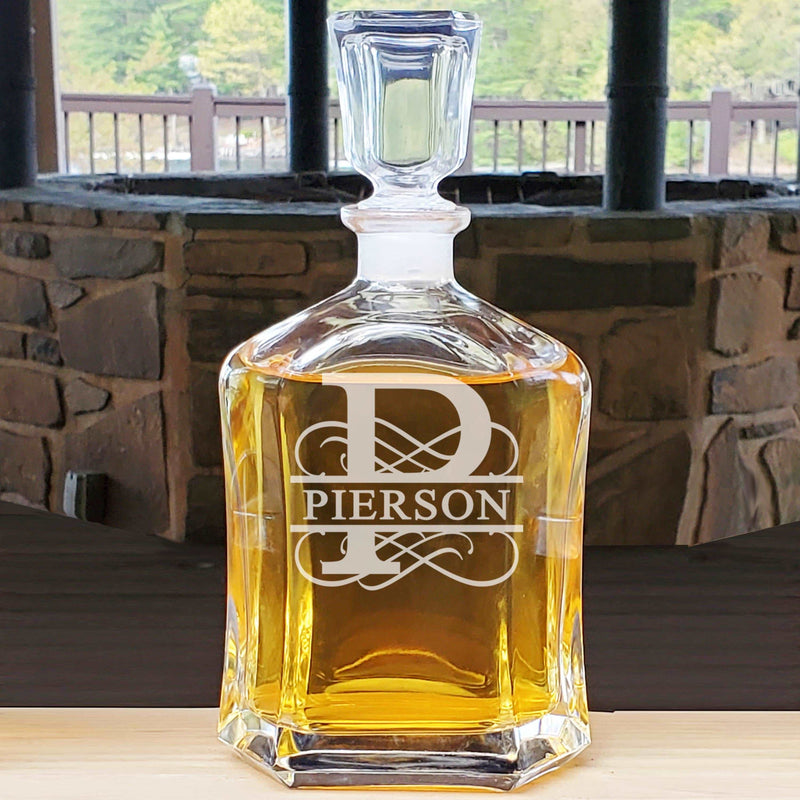 Personalized Whiskey Split Monogram Decanter & Rocks Glasses Engraved Wedding Gift Man Cave Retirement Father&