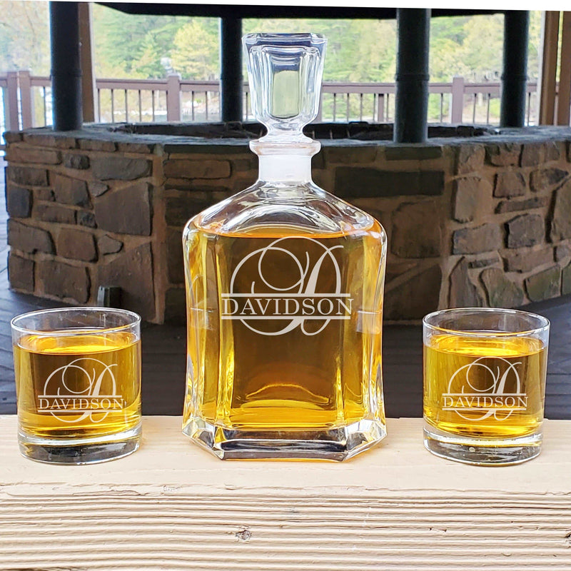 Engraved Whiskey Split Script Monogram Decanter & Rocks Glasses Engraved Wedding Gift Man Cave Retirement Father&