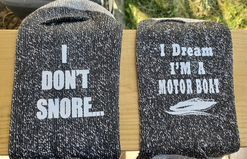 Funny Father's Day Gift Socks I Don't Snore I Dream I'm a Motor Boat Valentines Day Men's gag gift socks Fishing gift for hime husband Dad