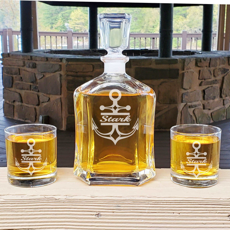 Personalized Monogram Anchor Decanter & Rocks Whiskey Glasses Engraved Anniversary Nautical Gift Man Cave Retirement Father&