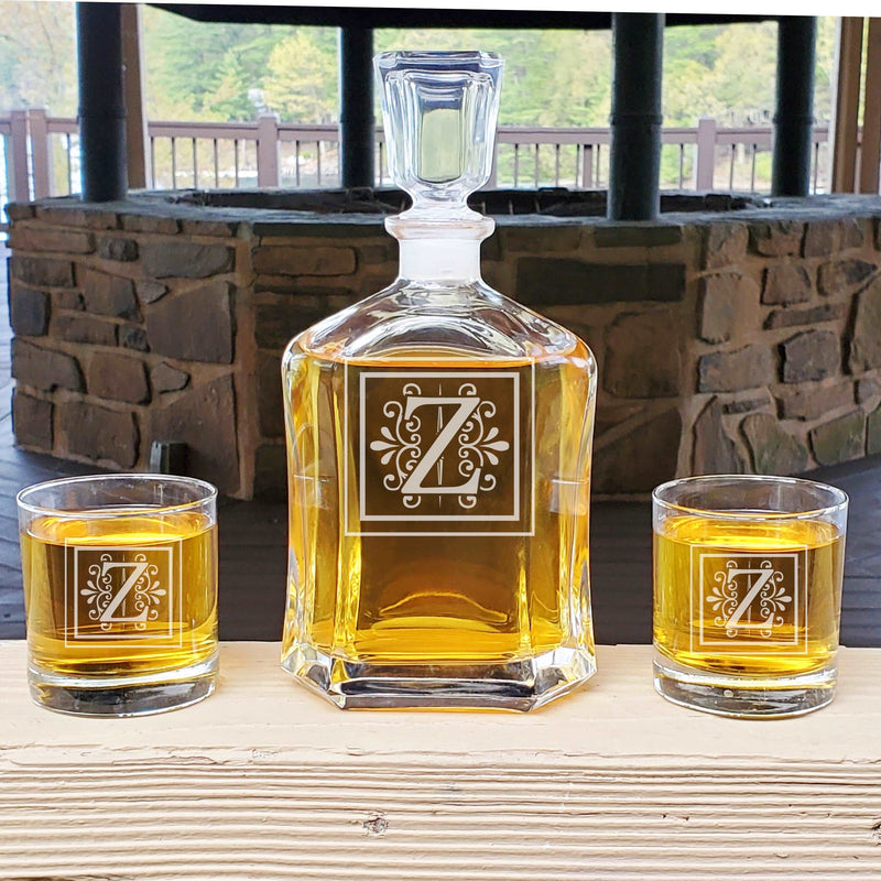 Personalized Whiskey Square Monogram Decanter & Rocks Glasses Engraved Anniversary Gift Man Cave Retirement Father&