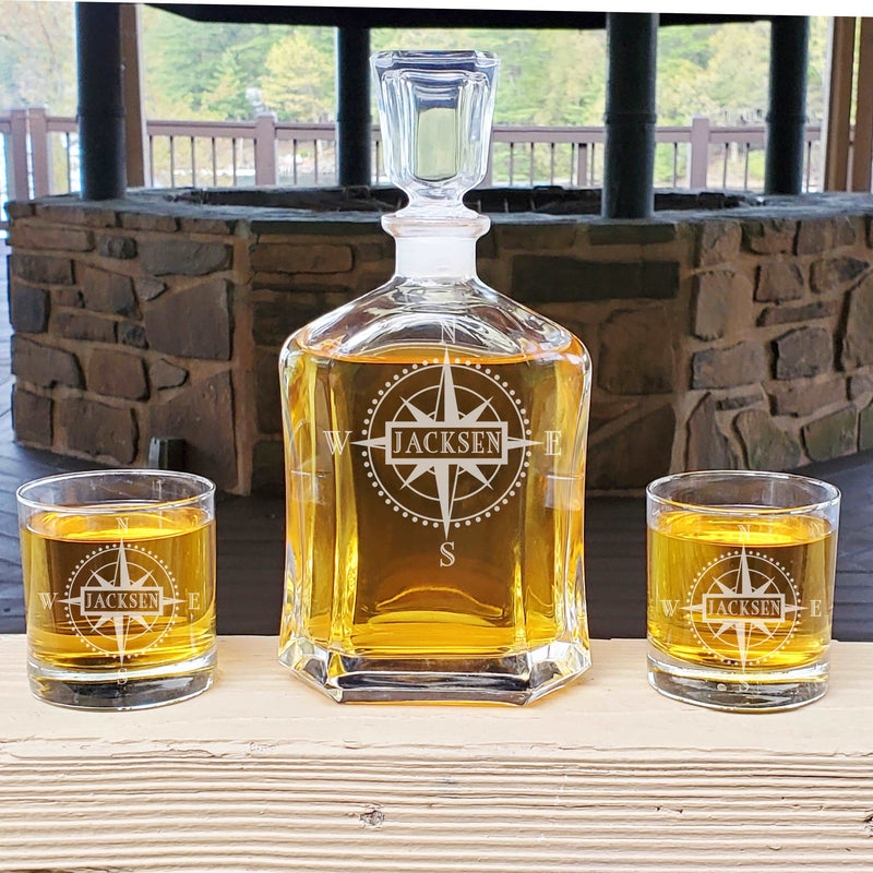 Personalized Monogram Compass Decanter & Rocks Whiskey Glasses Engraved Anniversary Nautical Gift Man Cave Retirement Father&