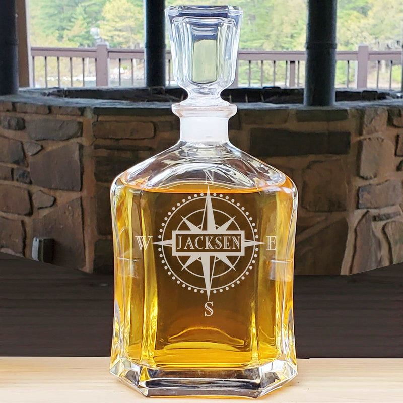 Personalized Monogram Compass Decanter & Rocks Whiskey Glasses Engraved Anniversary Nautical Gift Man Cave Retirement Father&