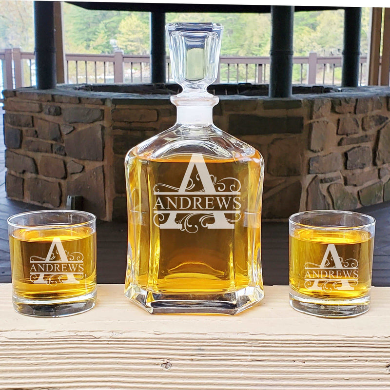 Engraved Whiskey Roman Split Monogram Decanter & Rocks Glasses Engraved Wedding Gift Man Cave Retirement Father&