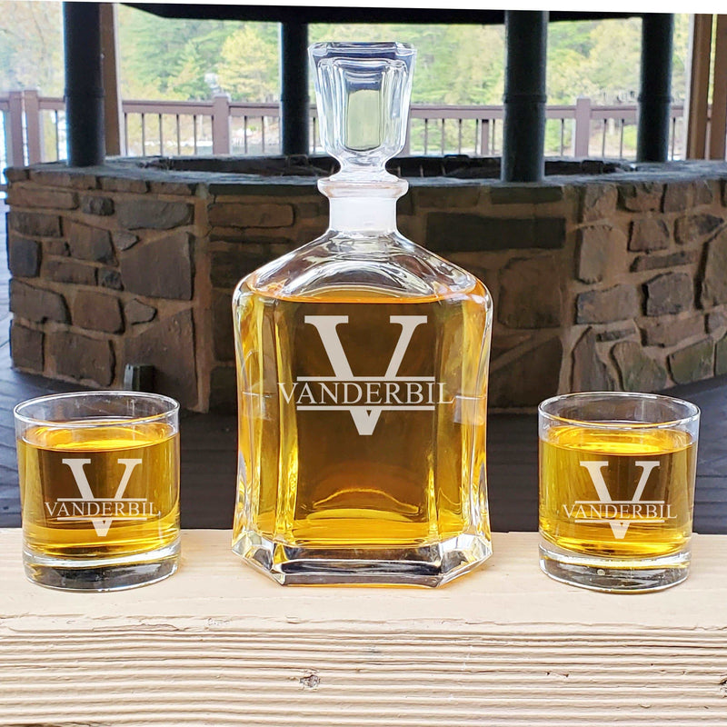 Engraved Whiskey Split Roman Monogram Decanter & Rocks Glasses Engraved Wedding Gift Man Cave Retirement Father&