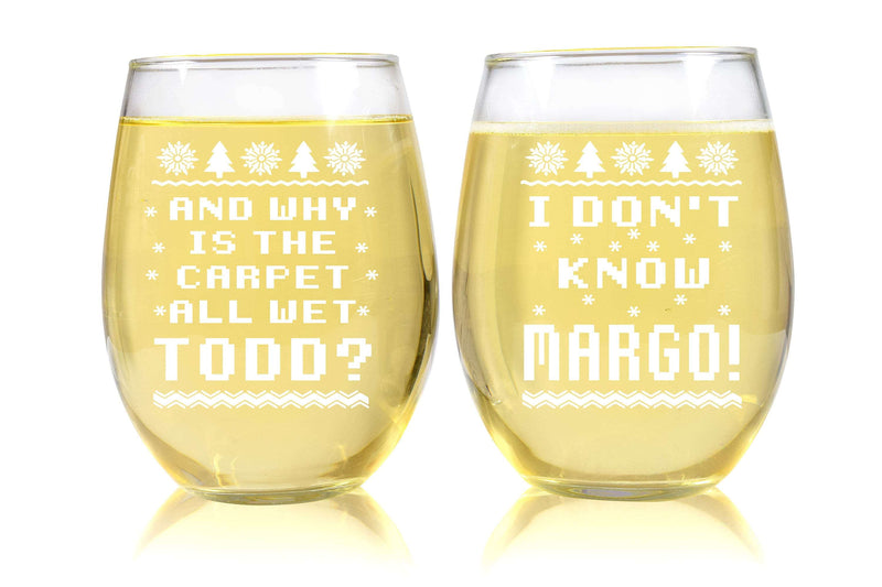 SET OF 2 Matching Christmas Funny Etched Wine Glasses I Don't Know Margo Why is the Carpet All Wet Todd Stemless Wine Glasses Christmas