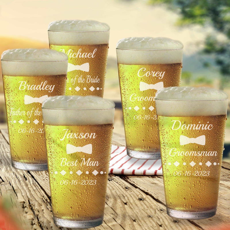 Personalized Etched Set of 5 Groomsmen Gift Bow Tie Pint Glass Beer mugs Groomsmen Proposal Gifts Craft Beer Best Man Groomsmen Beer Mug