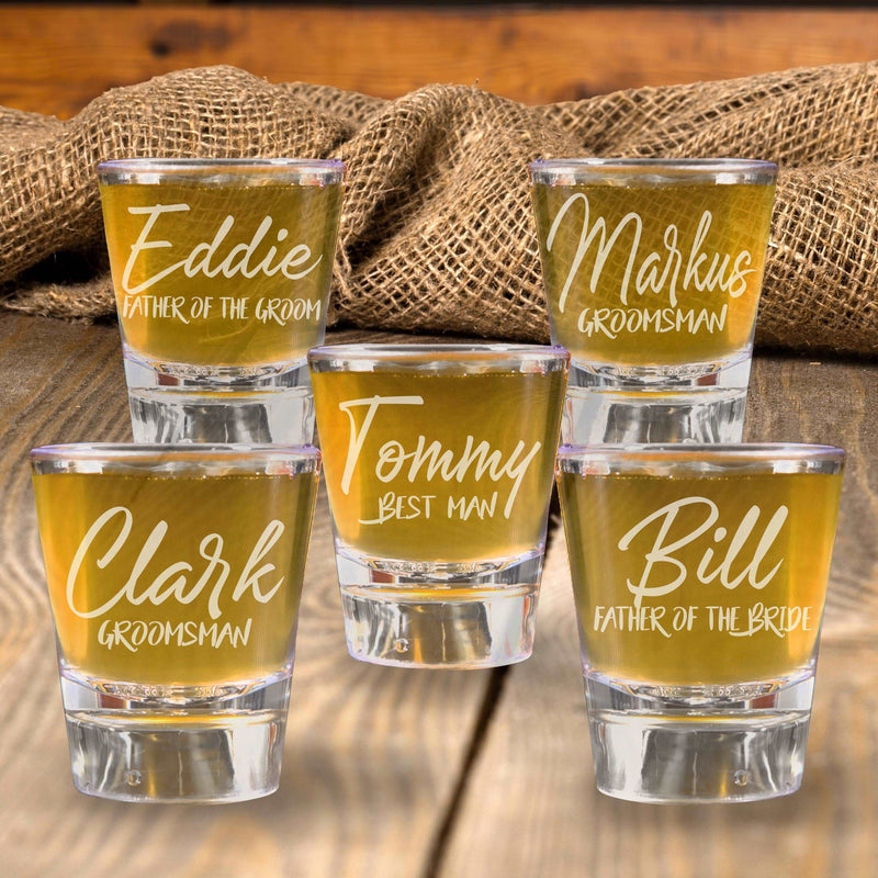 Set of 5 Personalized Script Shot Glasses Groomsmen Proposal Gifts from Groom Custom Wedding Engraved Shot Glasses Bachelor Party Gifts