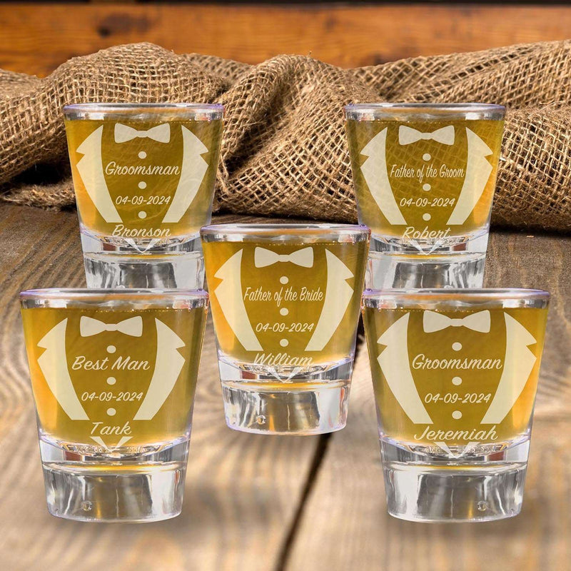 Set of 5 Personalized Tuxedo Bowtie Shot Glasses Groomsmen Proposal Gifts Groom Custom Wedding Engraved Shot Glasses Bachelor Party Gifts