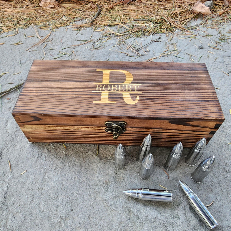 Personalized Wood Box Whiskey Bullet Gift Set Whiskey Stones Bourbon Stones Wood Box Father's Day Groomsmen Gifts for Dad Him Valentines