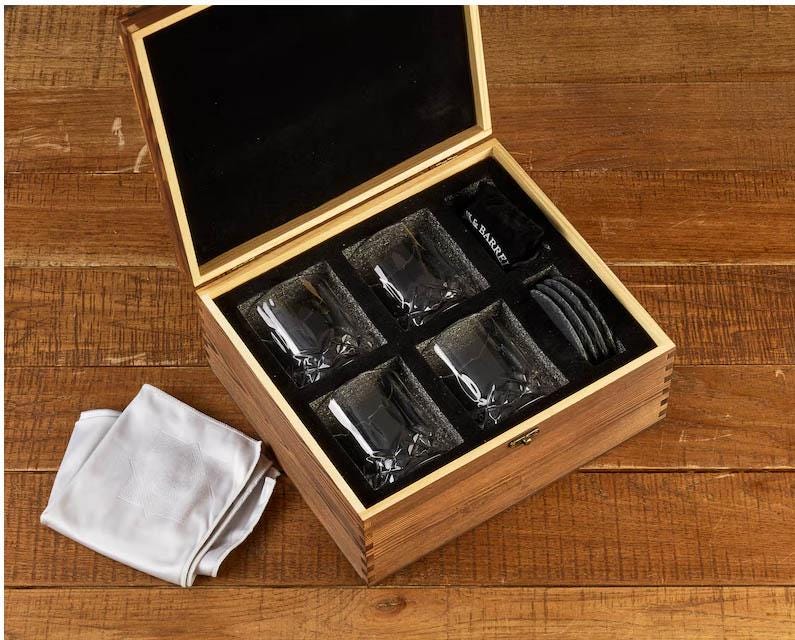 Personalized Wood Box Set of 4 Whiskey Glasses Wood Box Set Custom Wood Gift Box Slate Coasters Whiskey Stones Whiskey Gifts for Dad Him