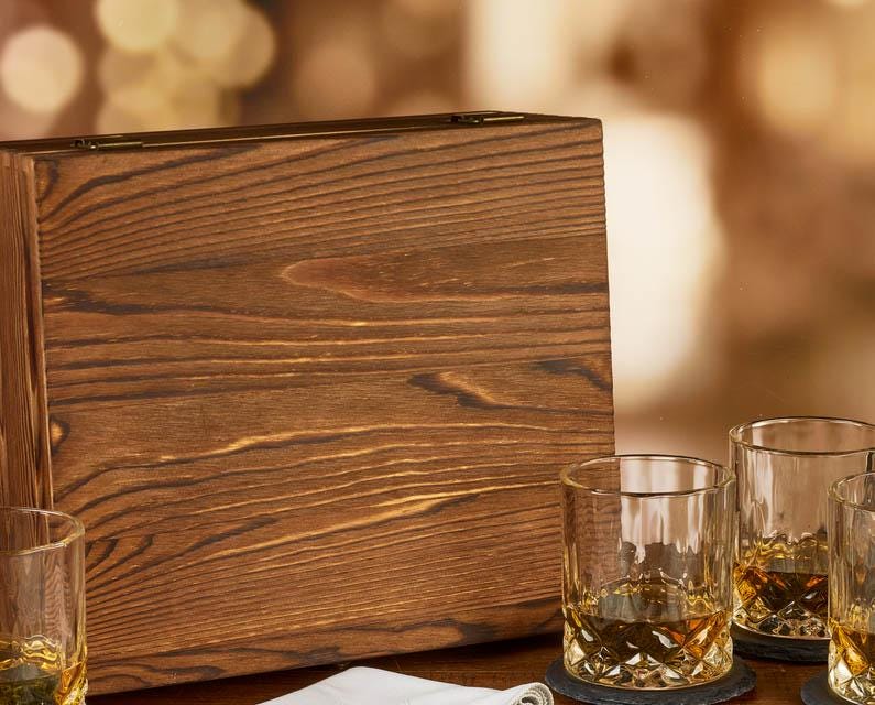 Personalized Wood Box Set of 4 Whiskey Glasses Wood Box Set Custom Wood Gift Box Slate Coasters Whiskey Stones Whiskey Gifts for Dad Him