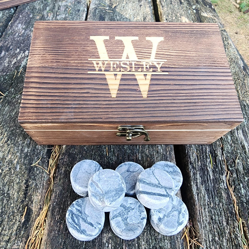 Personalized Round Whiskey Stones Wood Box Gift Set Whiskey Gift Bourbon Stones Father's Day Gift for Dad Groomsmen Perfect Gift for Him