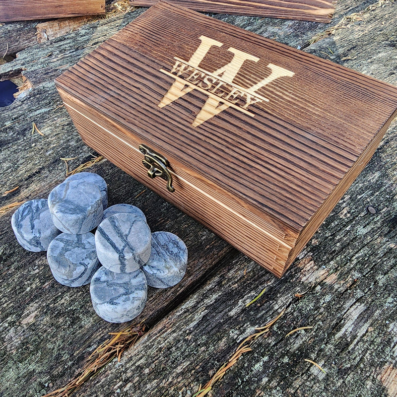 Personalized Round Whiskey Stones Wood Box Gift Set Whiskey Gift Bourbon Stones Father's Day Gift for Dad Groomsmen Perfect Gift for Him