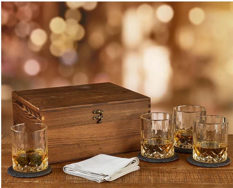 Personalized Wood Box Set of 4 Whiskey Glasses Wood Box Set Custom Wood Gift Box Slate Coasters Whiskey Stones Whiskey Gifts for Dad Him