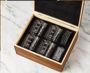 Personalized Wood Box Set of 4 Whiskey Glasses Wood Box Set Custom Wood Gift Box Slate Coasters Whiskey Stones Whiskey Gifts for Dad Him