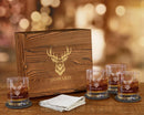 Hunter Whiskey Glass Gift Set, Engraved Wood Box, Bourbon Glasses