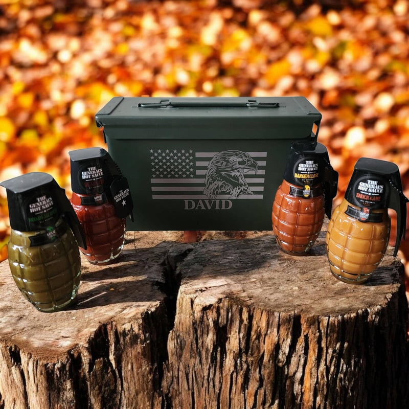 Personalized Ammo Can with 4 Hot Sauce Grenades Valentines Day Gift for Husband Anniversary Boyfriend Unique Birthday Hunting Gift Him Man