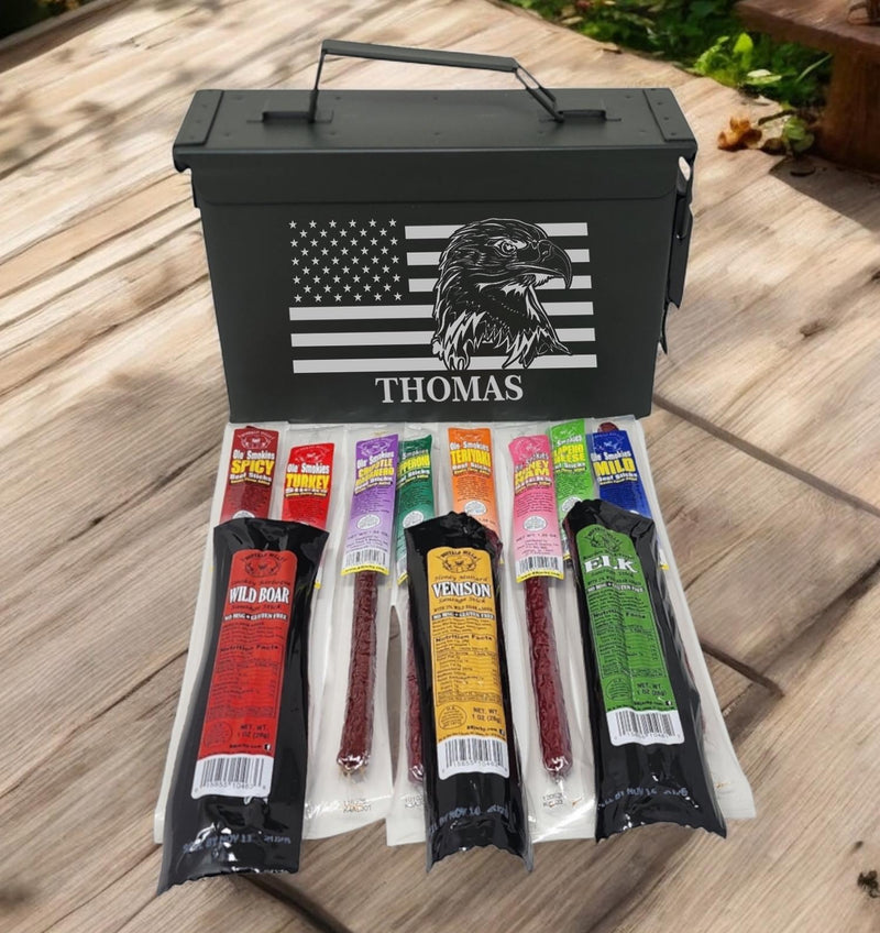 Personalized Ammo Can with Exotic Jerky Meat Sticks Gift Basket for Husband Anniversary Boyfriend Gifts for Men