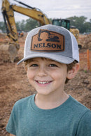 Personalized Excavator Construction Hat | Richardson 112 Youth or Adult Trucker Cap with Custom Leather Name Patch, Kids Gift for Him