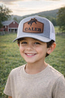 Personalized Rodeo Hat | Custom Leather Name Patch Youth or Adult Trucker Cap | Kids Gift for Him or Her, Cowgirl, Bucking Horse, Birthday