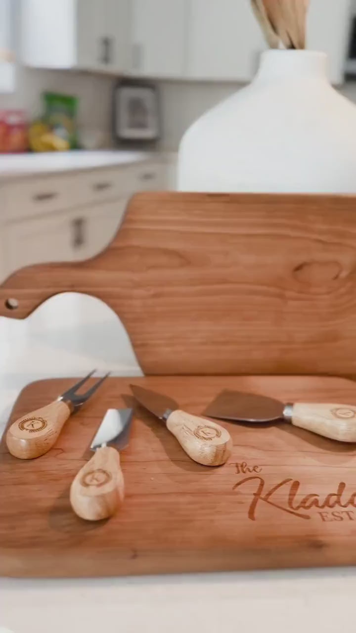 Engraved Cherry Wood Charcuterie Board – Personalized Cutting Board & Knife Set