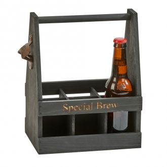 Black Wood 6 Bottle Beverage Caddy with Opener, 11.25" x 9" - cheapgroomsmengifts