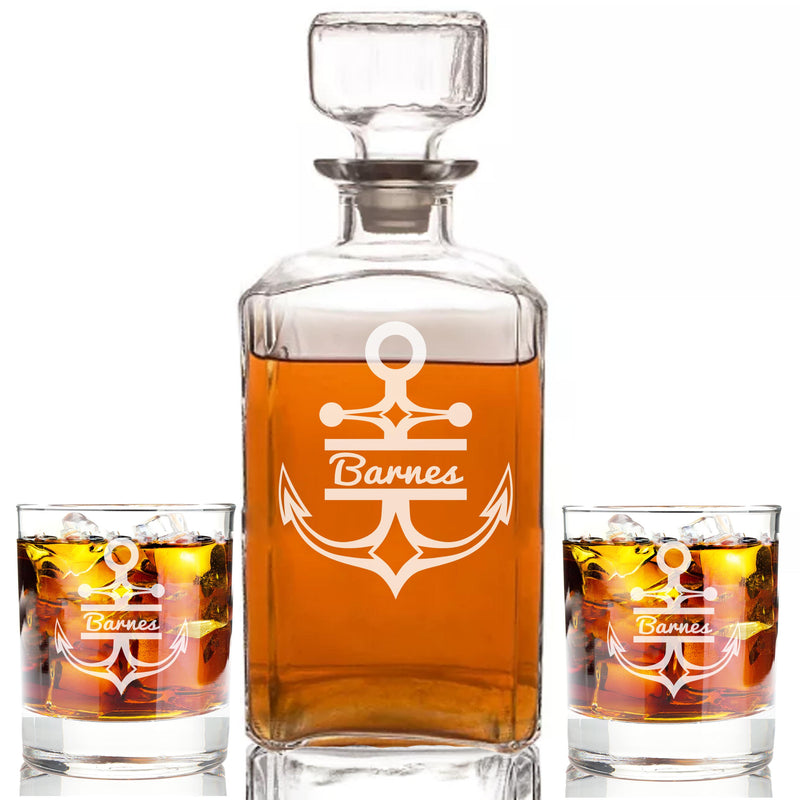 Personalized Whiskey Monogram Anchor Decanter & Rocks Glasses Engraved - cheapgroomsmengifts