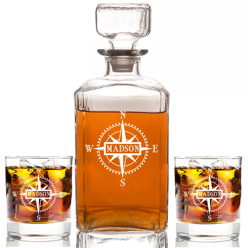 Personalized Whiskey Monogram Compass Decanter & Rocks Glasses Engraved Anniversary Nautical Gift Man Cave Retirement Father's day gift