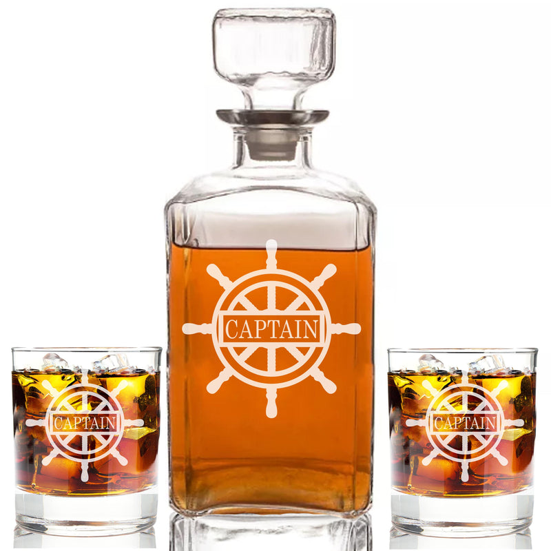 Personalized Whiskey Monogram Ships Wheel Decanter & Rocks Glasses Engraved - cheapgroomsmengifts
