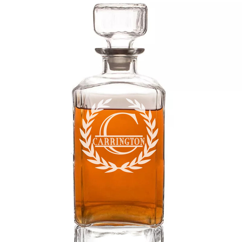 Personalized Whiskey Monogram Split Wheat Decanter & Rocks Glasses Engraved - cheapgroomsmengifts