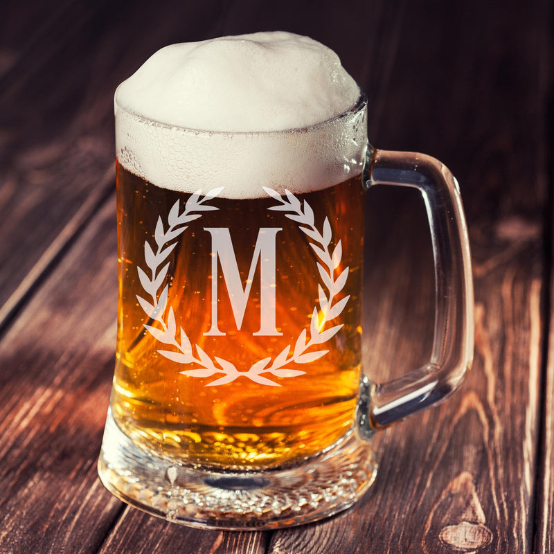 Personalized Etched Leaves Monogram Beer mug - cheapgroomsmengifts