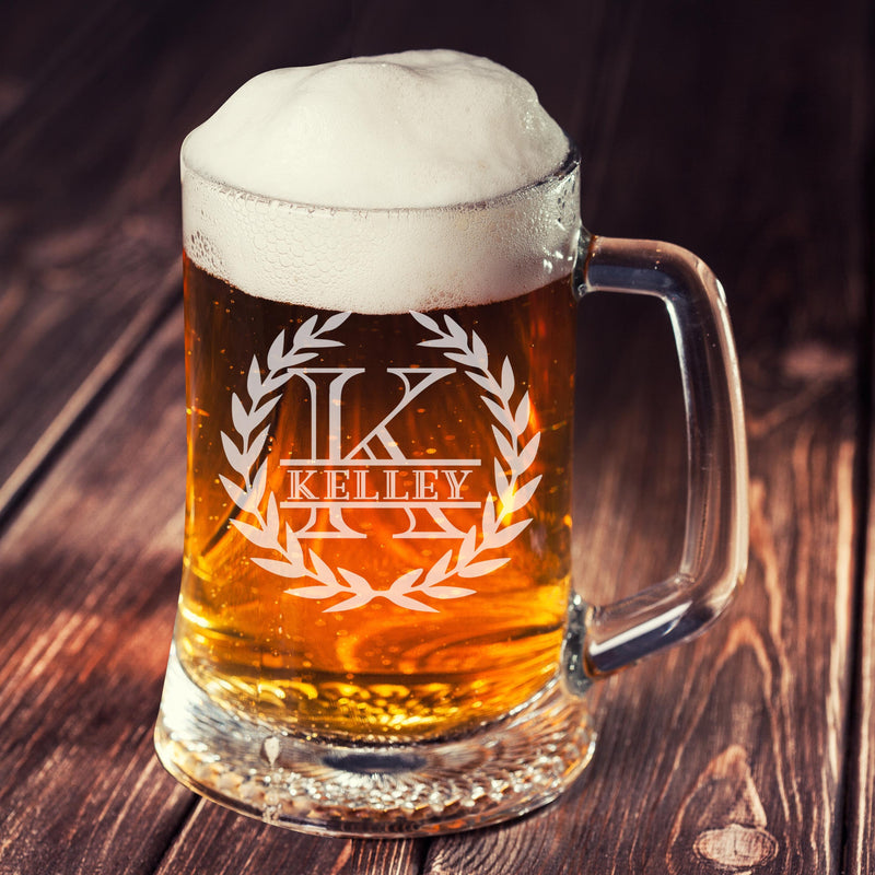 Personalized Etched Leaves Split Monogram Beer mug - cheapgroomsmengifts