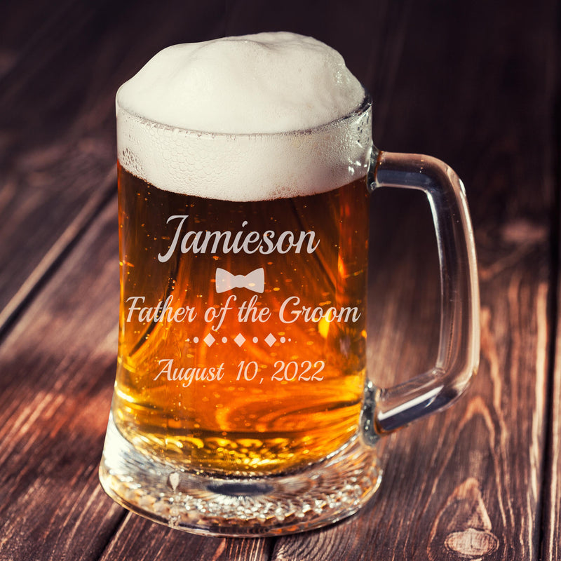 Personalized Etched Bow Diamond Monogram Beer mug - cheapgroomsmengifts