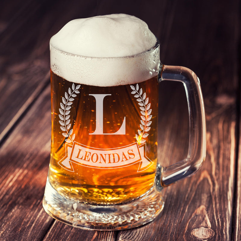 Personalized Etched Wheat Banner Monogram Beer mug - cheapgroomsmengifts